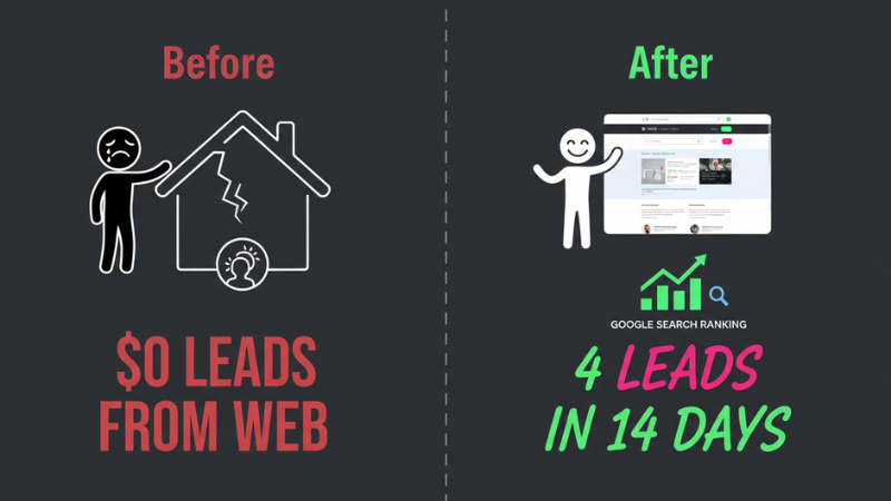 Before and after SEO results for Peregrine Window Cleaning showing zero online leads vs 4 inbound leads in 14 days after The Frontload Technique