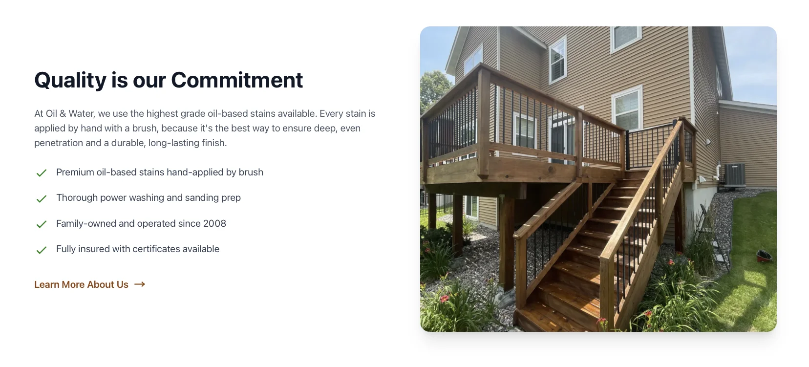 Oil and Water Deck Refinishing: Quality Commitment Section
